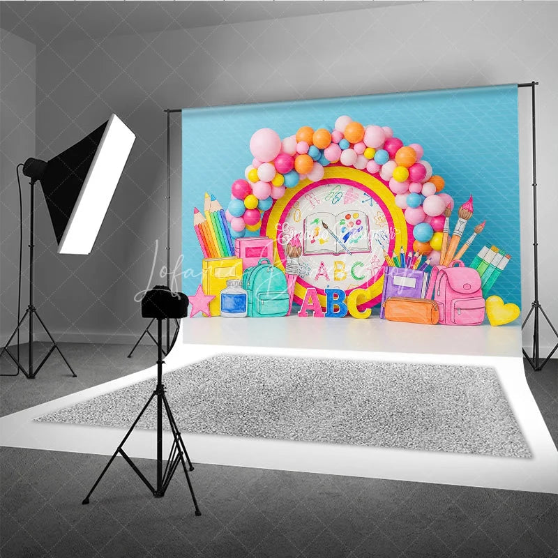 Lofaris Back to School Photography Backdrop ABC Backpack Pastel Balloon Background Kindergarten Study Photo Prop