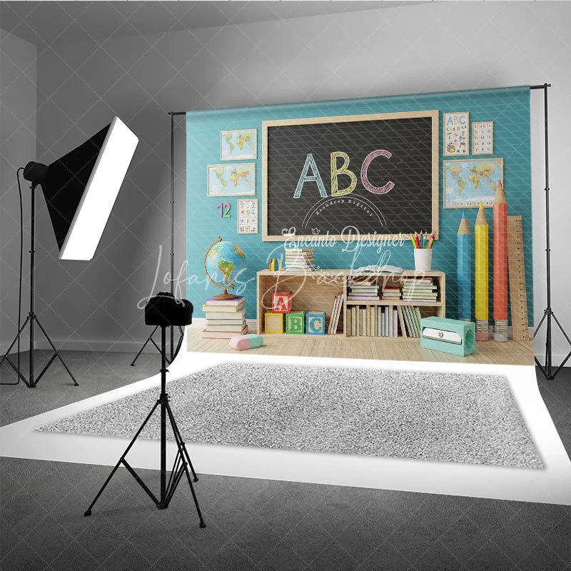 Lofaris Back to School Photography Backdrop Blue Wall ABC Chalkboard Background Giant Pencil Photo Prop