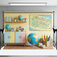 Lofaris Back to School Photography Backdrop Classroom Map Globe Background Pastel Study Room Photo Prop