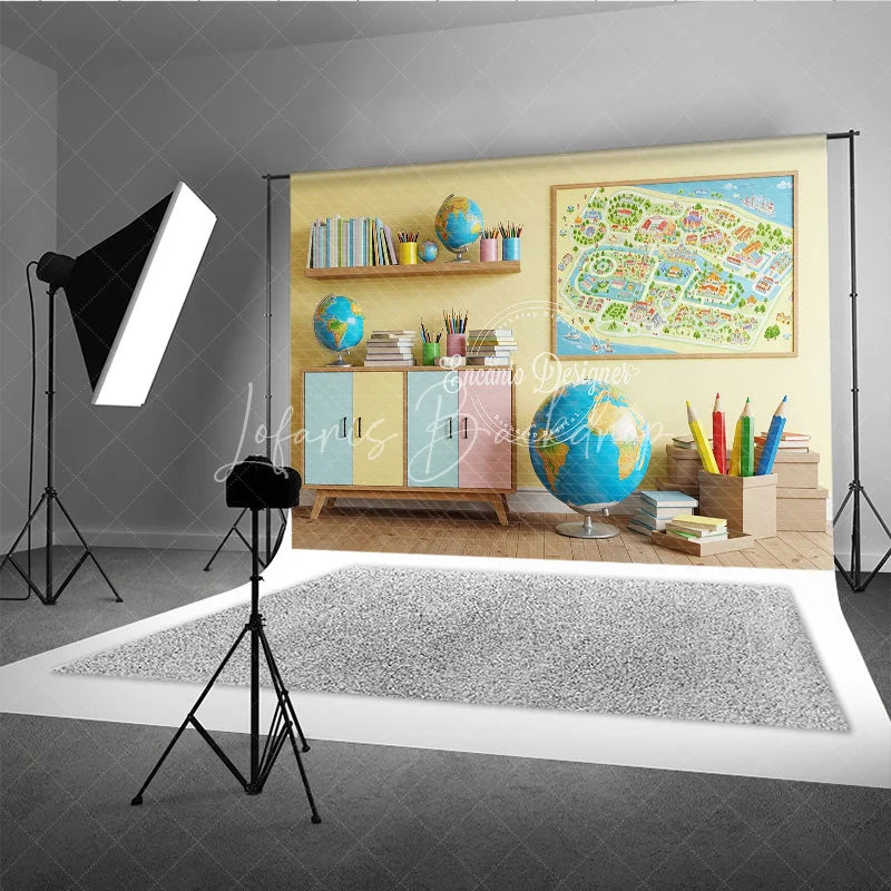 Lofaris Back to School Photography Backdrop Classroom Map Globe Background Pastel Study Room Photo Prop