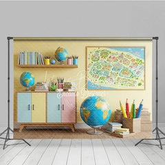 Lofaris Back to School Photography Backdrop Classroom Map Globe Background Pastel Study Room Photo Prop
