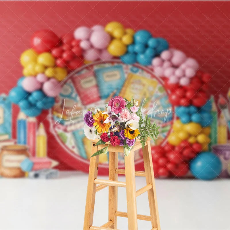 Lofaris Back to School Photography Backdrop Colorful Balloon Arch Study Background Apple Book Pencil Photo Prop