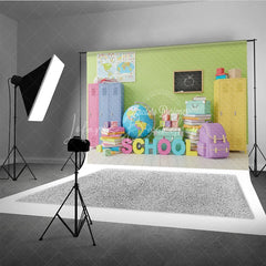 Lofaris Back to School Photography Backdrop Colorful Locker Classroom Background Globe Book Photo Prop