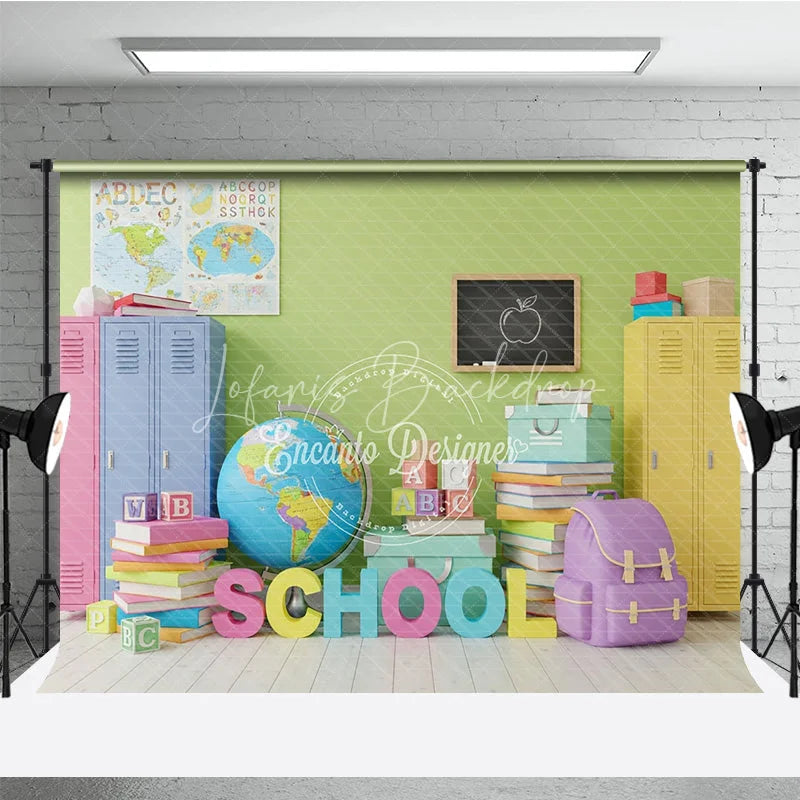 Lofaris Back to School Photography Backdrop Colorful Locker Classroom Background Globe Book Photo Prop