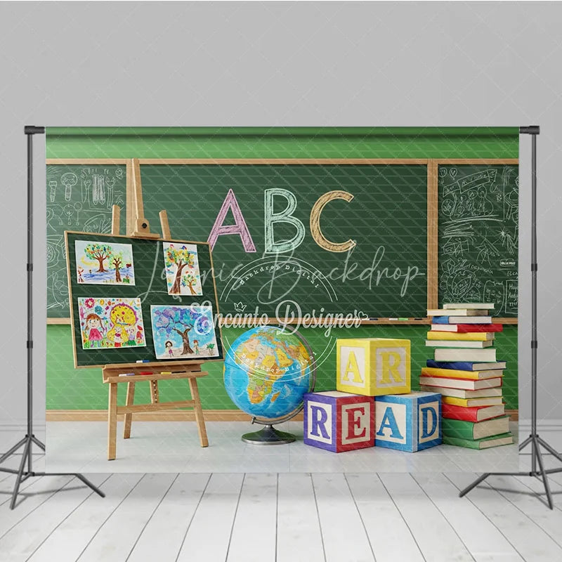 Lofaris Back to School Photography Backdrop Green Chalkboard Art Class Background ABC Block Study Photo Prop