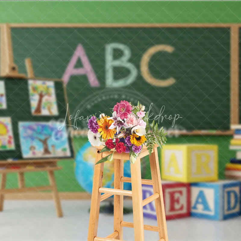 Lofaris Back to School Photography Backdrop Green Chalkboard Art Class Background ABC Block Study Photo Prop