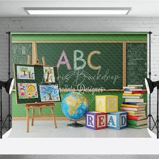 Lofaris Back to School Photography Backdrop Green Chalkboard Art Class Background ABC Block Study Photo Prop