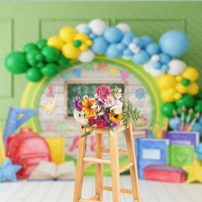 Lofaris Back to School Photography Backdrop Green Wood Chalkboard Backpack Background Rustic Class Photo Prop