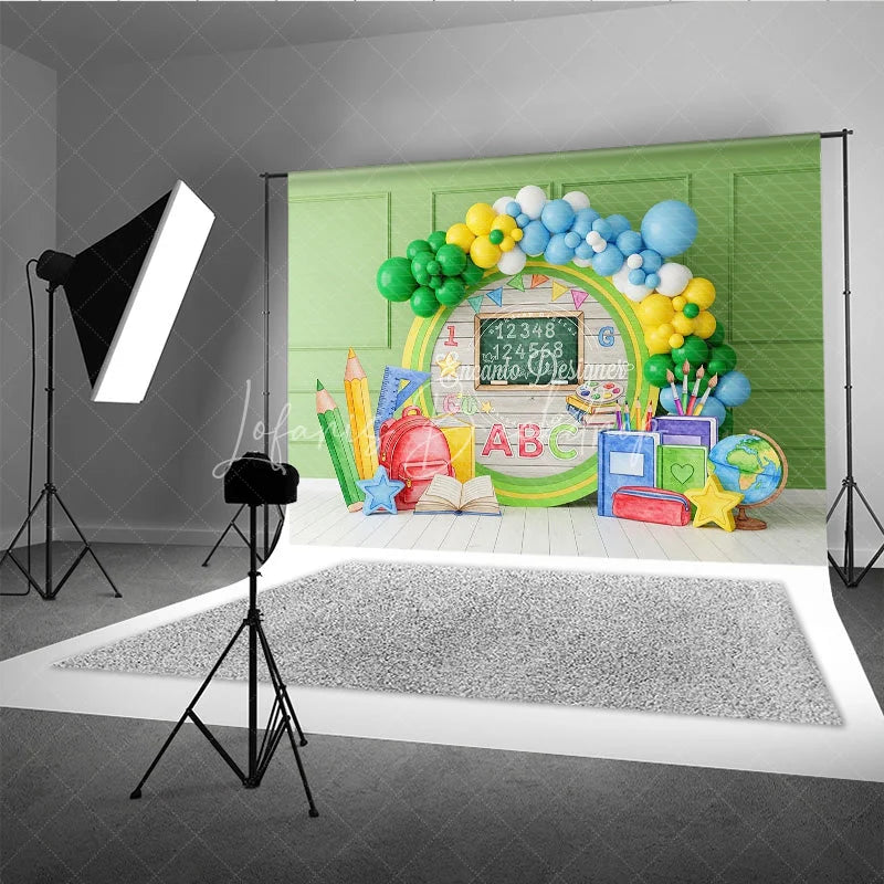 Lofaris Back to School Photography Backdrop Green Wood Chalkboard Backpack Background Rustic Class Photo Prop