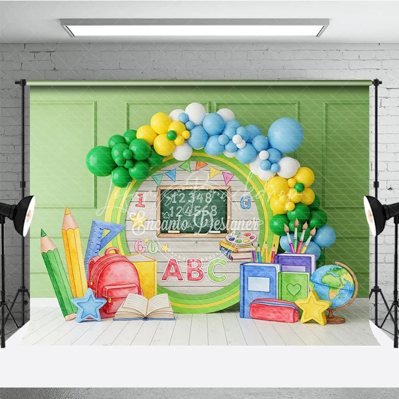 Lofaris Back to School Photography Backdrop Green Wood Chalkboard Backpack Background Rustic Class Photo Prop