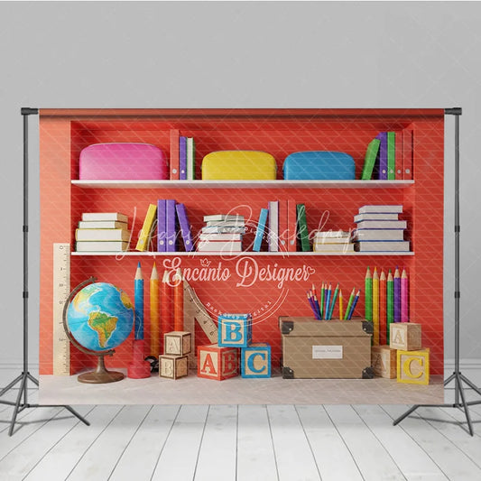 Lofaris Back to School Photography Backdrop Red Bookshelf Library Background Study Room Photo Prop