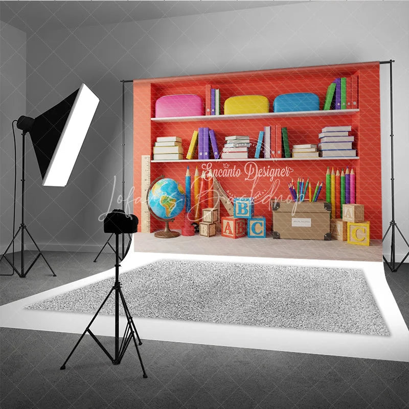 Lofaris Back to School Photography Backdrop Red Bookshelf Library Background Study Room Photo Prop