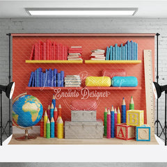 Lofaris Back to School Photography Backdrop Red Wall Library Bookshelf Background Colorful Pencil Photo Prop