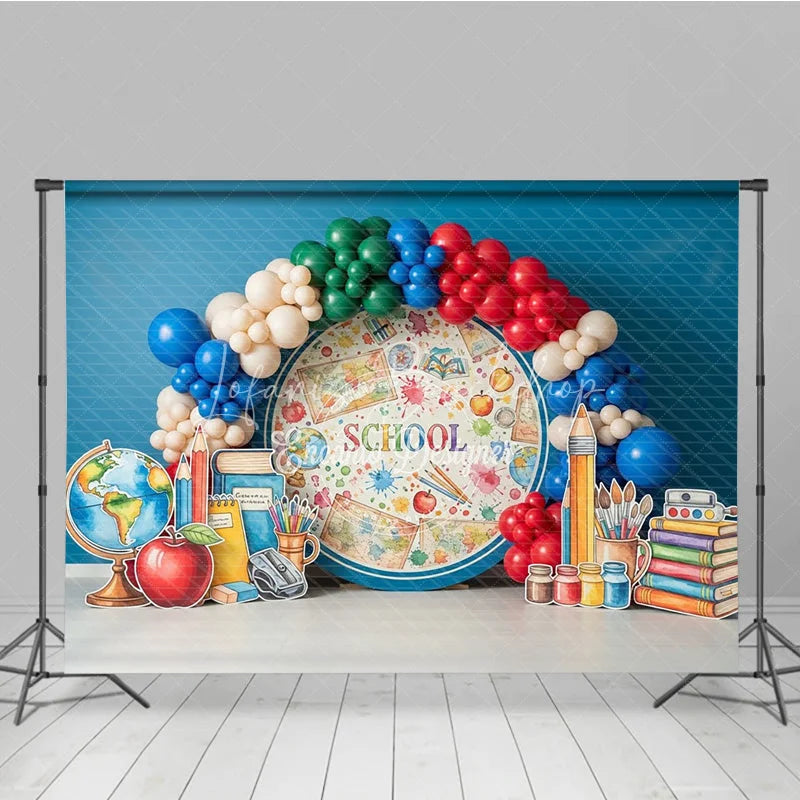 Lofaris Back to School Photography Backdrop Watercolor Globe Map Pencil Background Student Study Photo Prop