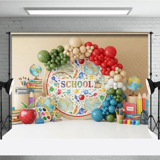 Lofaris Back to School Photography Backdrop World Map Balloon Arch Background Global Study Photo Prop