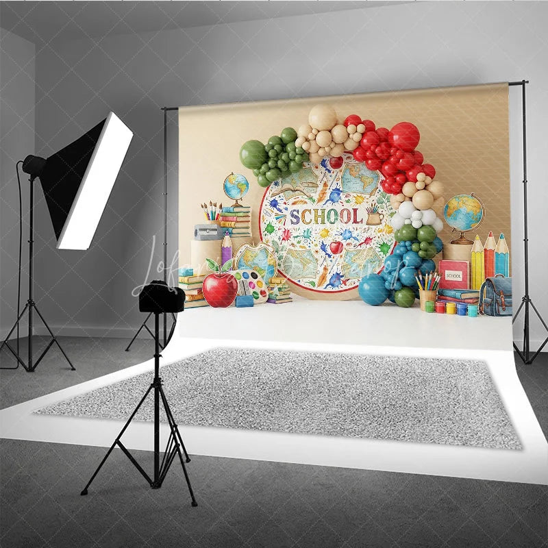 Lofaris Back to School Photography Backdrop World Map Balloon Arch Background Global Study Photo Prop
