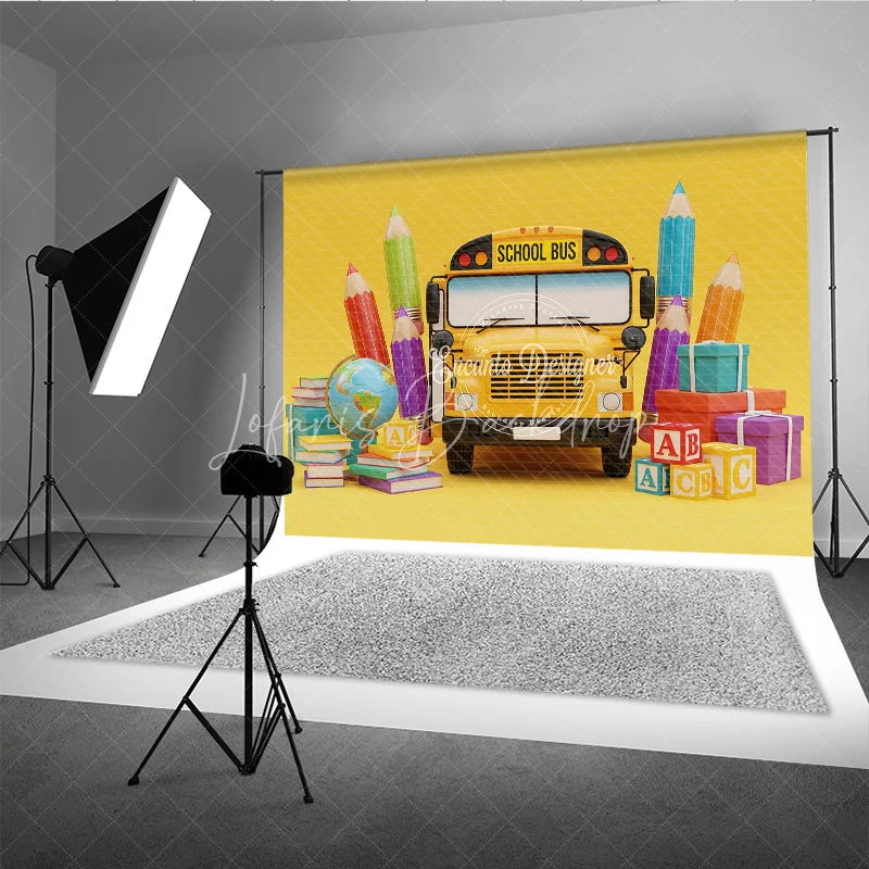 Lofaris Back to School Photography Backdrop Yellow Bus Pencil Background ABC Block Cartoon Photo Prop