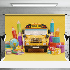 Lofaris Back to School Photography Backdrop Yellow Bus Pencil Background ABC Block Cartoon Photo Prop