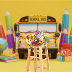 Lofaris Back to School Photography Backdrop Yellow Bus Pencil Background ABC Block Cartoon Photo Prop