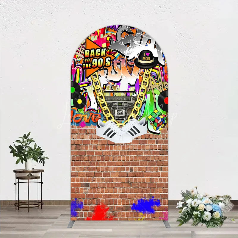 Lofaris Back To The 90s Arch Backdrop Hip Hop Graffiti Party Decoration Retro Brick Wall Background