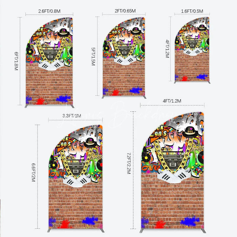 Lofaris Back To The 90s Half Moon Arch Backdrop Hip Hop Graffiti Party Decoration Retro Brick Wall Background