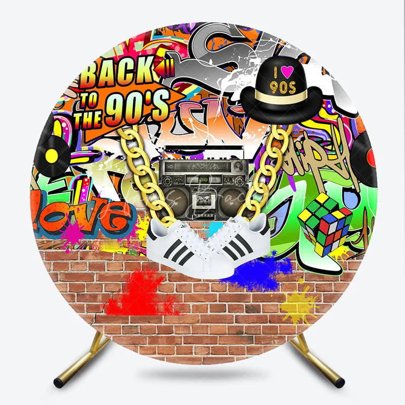Lofaris Back to The 90s Round Backdrop for Birthday Party Retro Hip Hop Graffiti Theme Throwback Photo Booth Decor