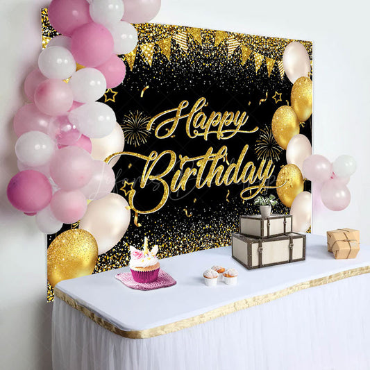 Lofaris Balloons Black Gold Glitter Happy Birthday Backdrop