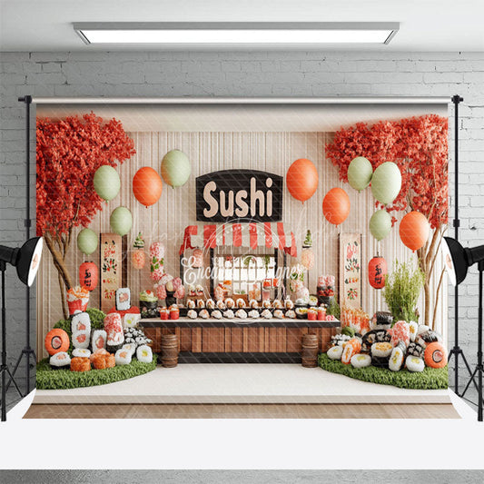 Lofaris Balloons Orange Trees Sushi Store Cake Smash Backdrop