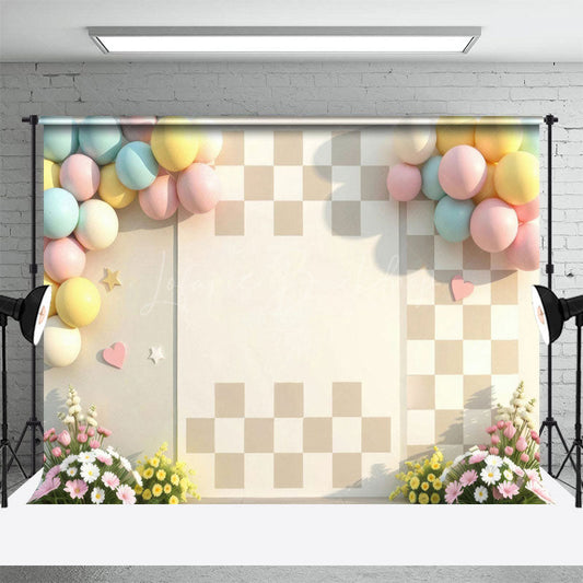 Lofaris Balloons Pastel Floral Checkered Wedding Backdrop