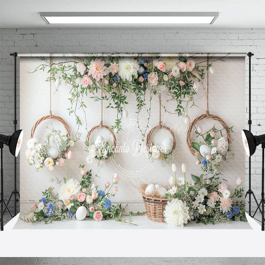 Lofaris Bamboo Basket Eggs White Wall Floral Easter Backdrop