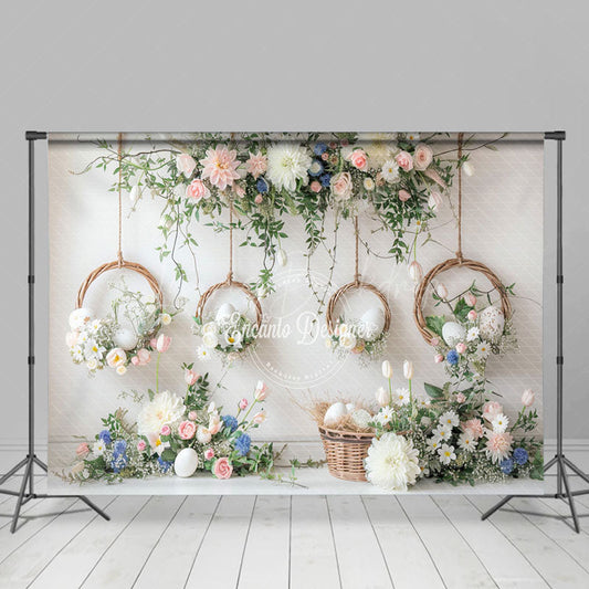 Lofaris Bamboo Basket Eggs White Wall Floral Easter Backdrop