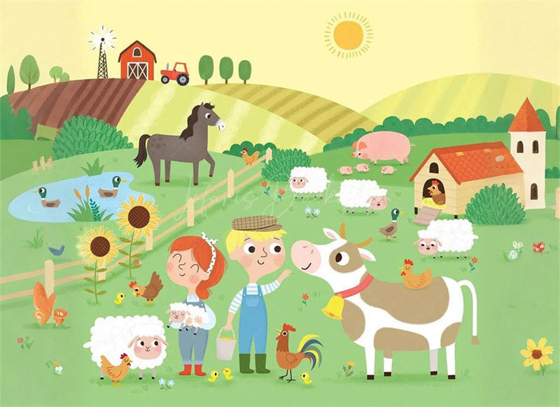 Lofaris Barnyard Farm Animals Birthday Backdrop Sunny Day at the with a Cow and Pig Fun Outdoor Party Decoration