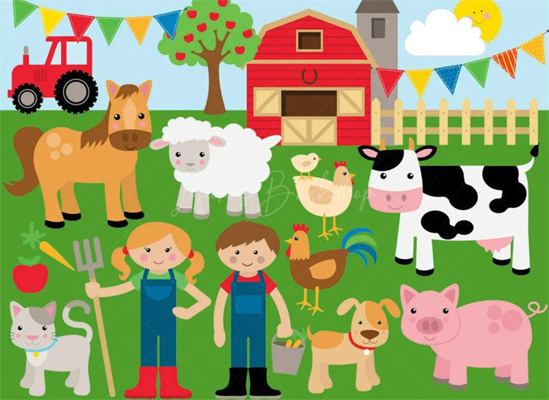 Lofaris Barnyard Farm Animals Birthday Backdrop Sunny Day at the with a Cow and Pig Fun Outdoor Party Decoration