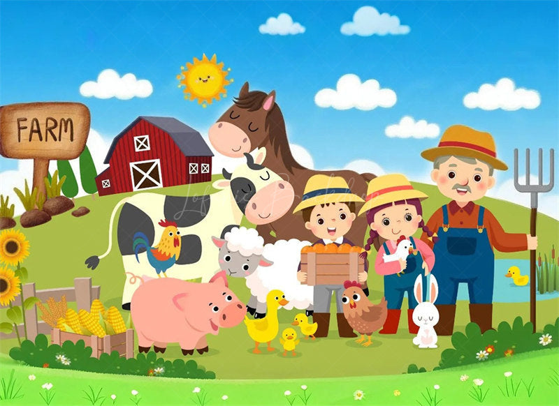 Lofaris Barnyard Farm Animals Birthday Backdrop Sunny Day at the with a Cow and Pig Fun Outdoor Party Decoration