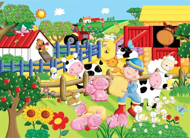Lofaris Barnyard Farm Animals Birthday Backdrop Sunny Day at the with a Cow and Pig Fun Outdoor Party Decoration