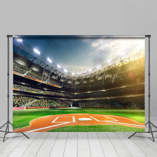 Lofaris Baseball Stadium Backdrop Bright Arena Lights Green Grass Home Plate Sports Themed Party Decoration