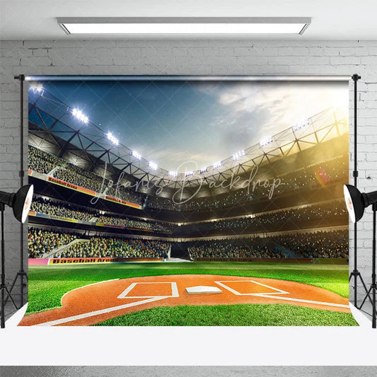 Lofaris Baseball Stadium Backdrop Bright Arena Lights Green Grass Home Plate Sports Themed Party Decoration