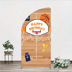 Lofaris Basketball Court Happy Birthday Half Moon Arch Backdrop Kit with Hoop Ball and Trophy Game Day Sports Party Decor