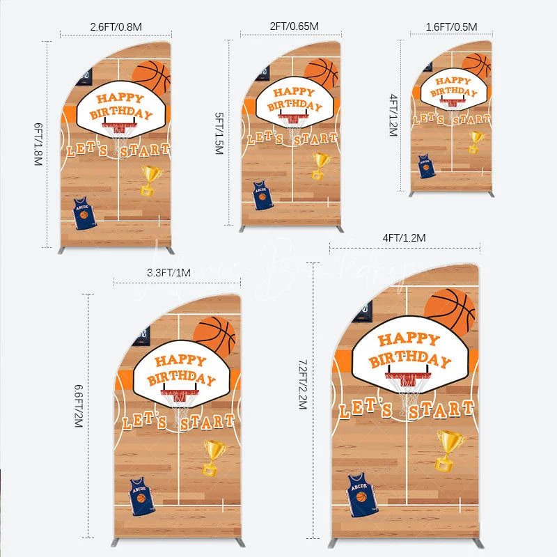 Lofaris Basketball Court Happy Birthday Half Moon Arch Backdrop Kit with Hoop Ball and Trophy Game Day Sports Party Decor