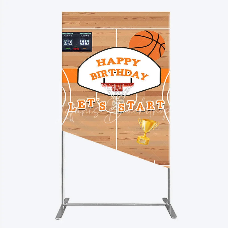Lofaris Basketball Court Happy Birthday Rectangle Backdrop Kit with Hoop Ball and Trophy Game Day Sports Party Decor