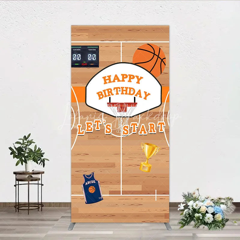 Lofaris Basketball Court Happy Birthday Rectangle Backdrop Kit with Hoop Ball and Trophy Game Day Sports Party Decor