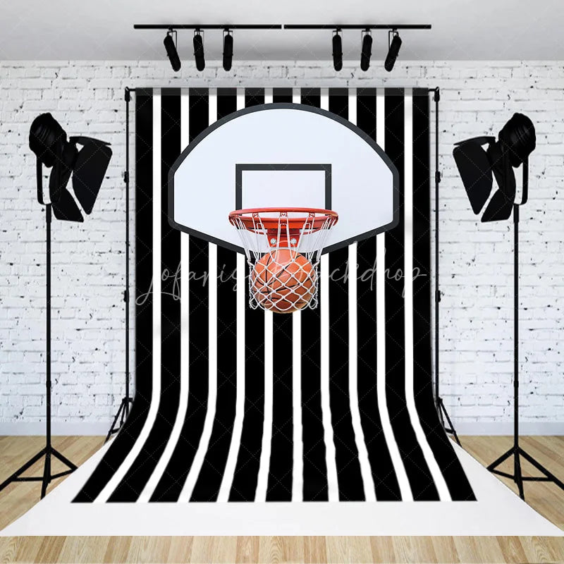 Lofaris Basketball Hoop Backdrop Sports Theme Party Decorations on Black and White Striped Background