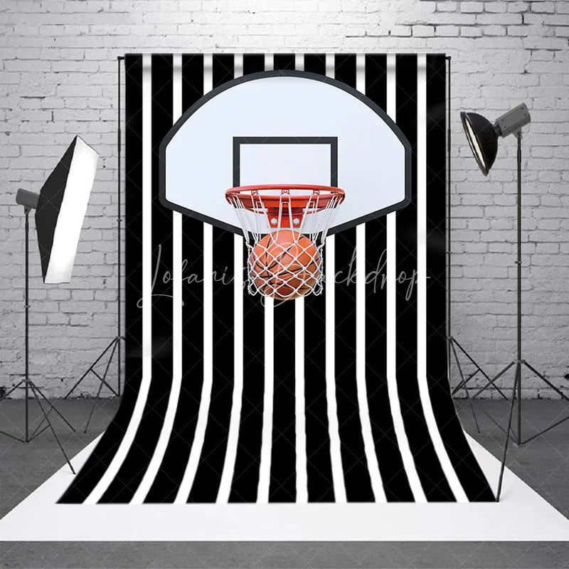 Lofaris Basketball Hoop Backdrop Sports Theme Party Decorations on Black and White Striped Background
