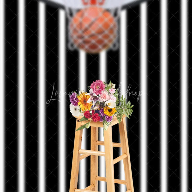 Lofaris Basketball Hoop Backdrop Sports Theme Party Decorations on Black and White Striped Background