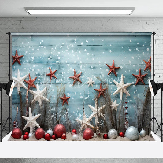 Lofaris Beach Christmas Backdrop Starfish Ornament Sand Photography Background Tropical Blue Wood Summer Holiday Party Decoration