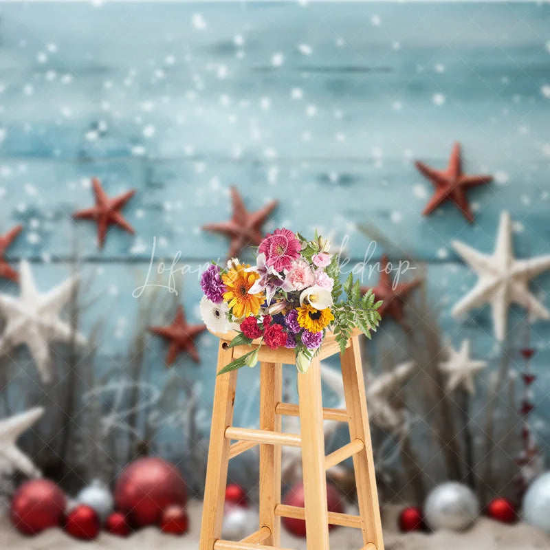 Lofaris Beach Christmas Backdrop Starfish Ornament Sand Photography Background Tropical Blue Wood Summer Holiday Party Decoration