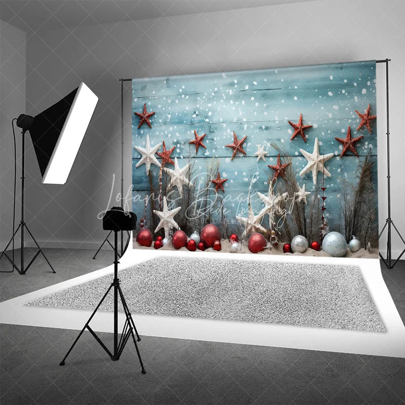 Lofaris Beach Christmas Backdrop Starfish Ornament Sand Photography Background Tropical Blue Wood Summer Holiday Party Decoration