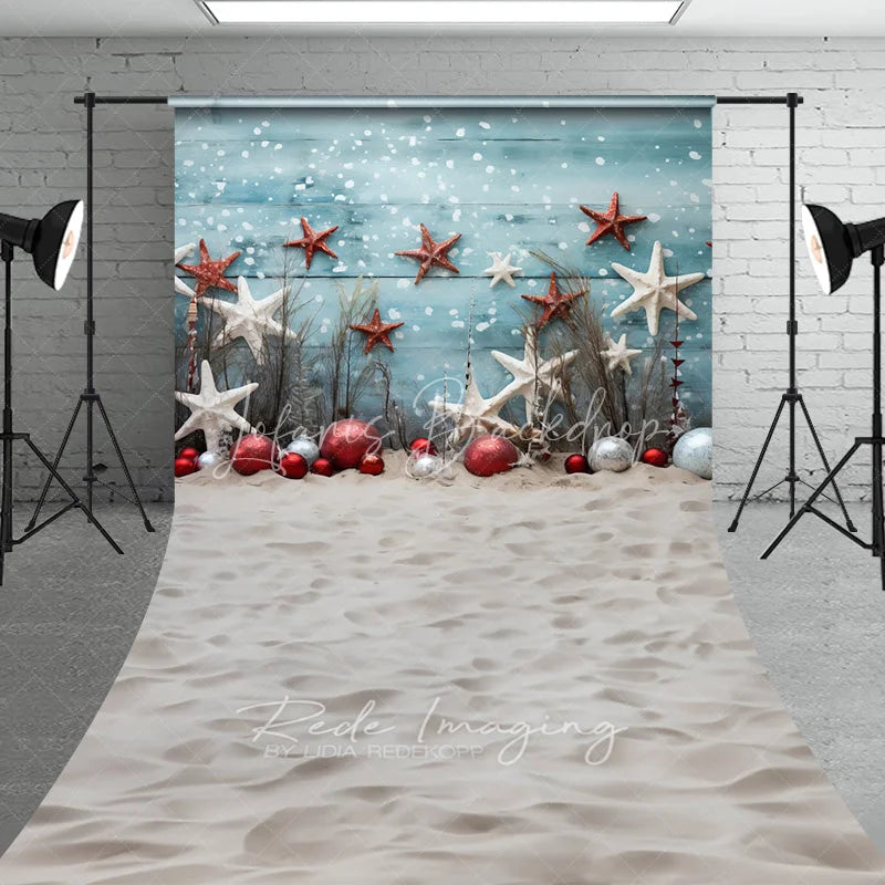 Lofaris Beach Christmas Sweep Backdrop Starfish Ornament Sand Photography Background Tropical Blue Wood Summer Holiday Party Decoration