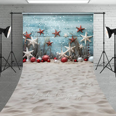 Lofaris Beach Christmas Sweep Backdrop Starfish Ornament Sand Photography Background Tropical Blue Wood Summer Holiday Party Decoration