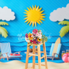Lofaris Beach Scene Palm And Lounge Chairs Summer Backdrop